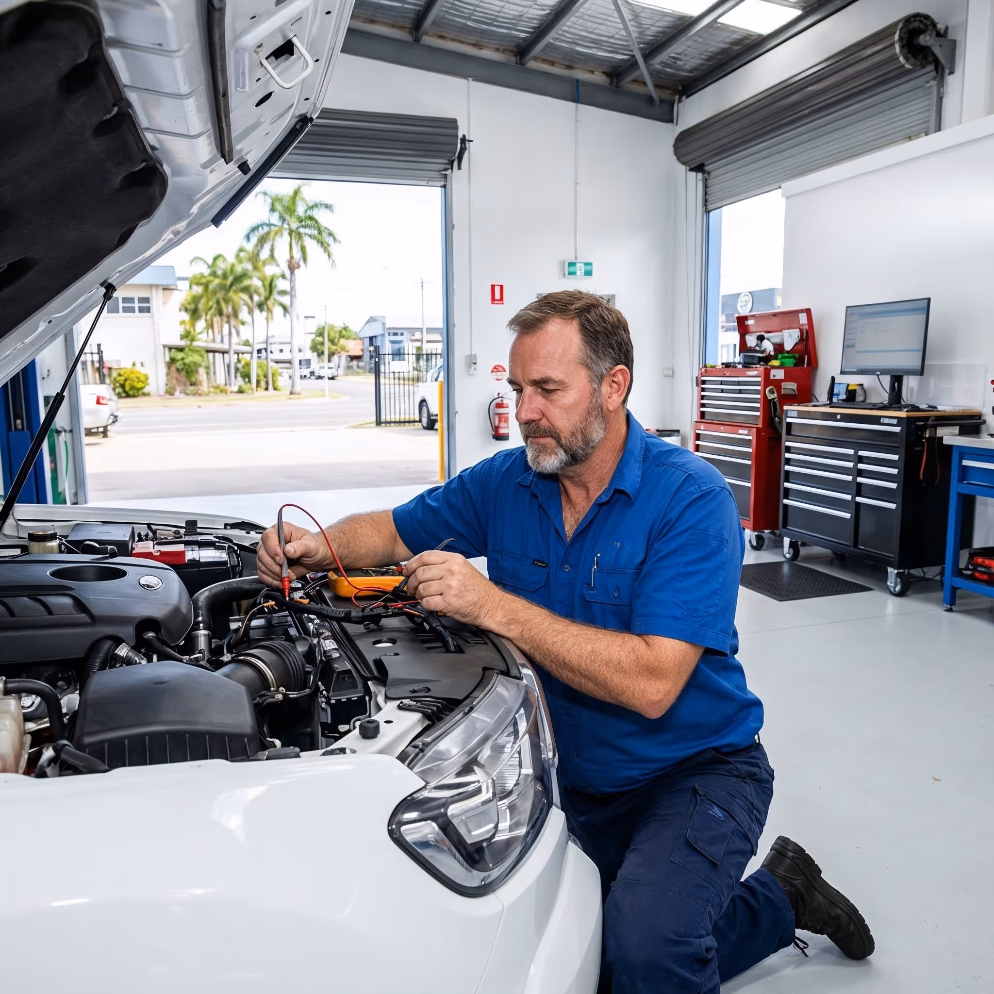Auto electrician working on vehicle electrical systems